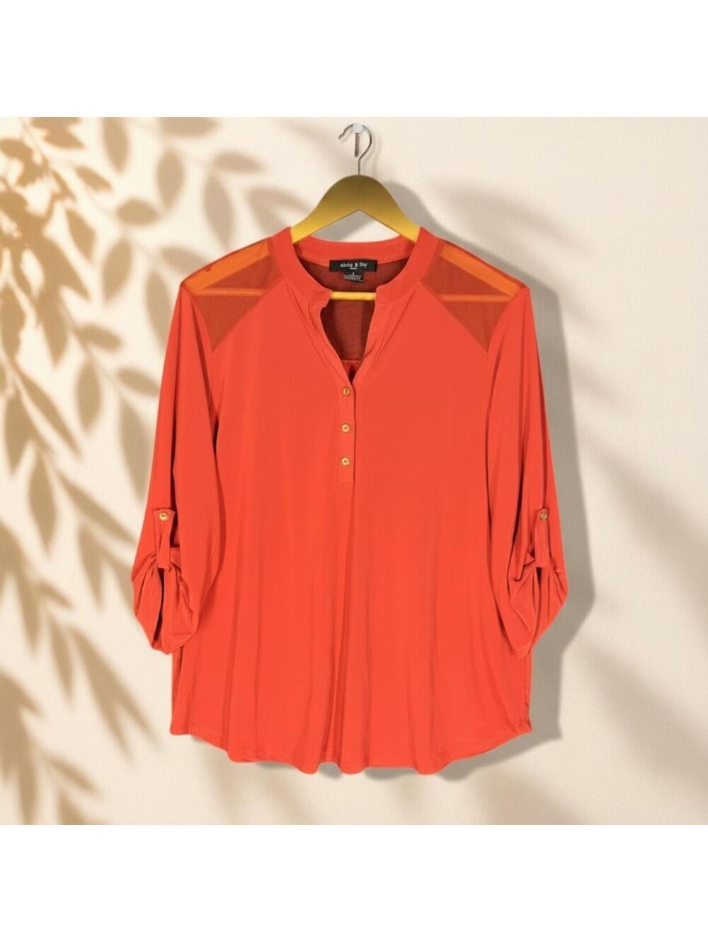 Adele & May Blouse Women 1X Plus Orange V-Neck 1/2 Button 3/4 Sleeve Casual